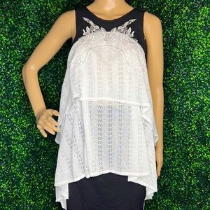 Free People Corset Style Back Faux Leather and Lace Tunic Top SZ M Black White